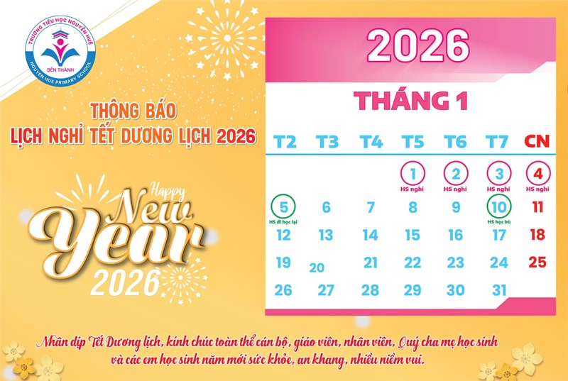 Kính gởi Quý phụ huynh học sinh Thông báo Lịch nghỉ Tết Dương lịch 2026