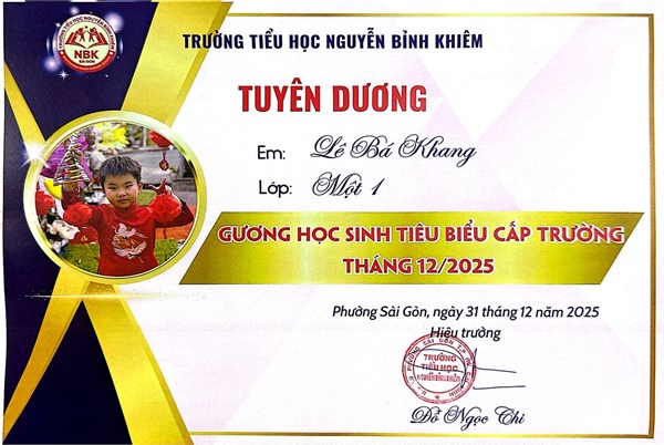 Trường Tiểu học Nguyễn Bỉnh Khiêm chúc mừng các Thầy Cô đạt thành tích tích cực hỗ trợ các hoạt động của trường, hoạt động do đoàn phường Sài Gòn tổ chức và tuyên dương gương học sinh tiêu biểu cấp trường tháng 12/2025